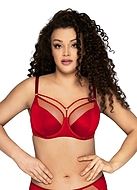 Exclusive big cup bra, straps over bust, sheer inlays, rings, B to L-cup